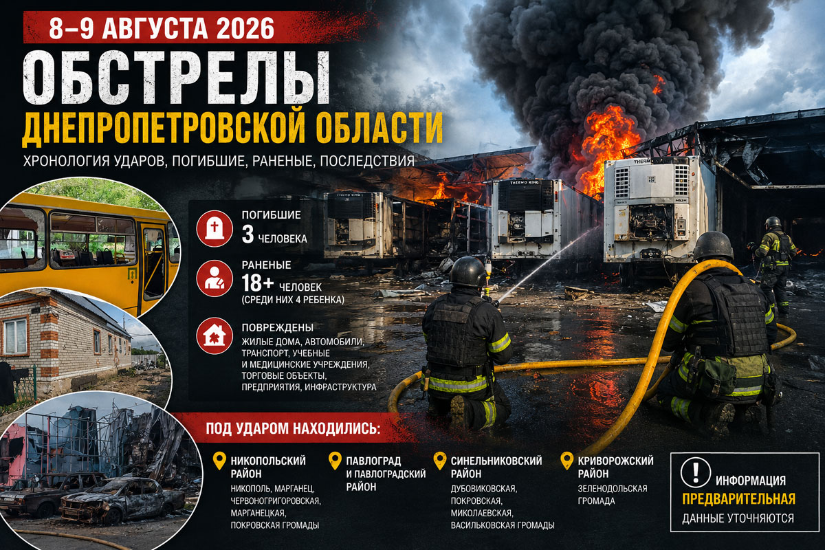 Обстрелы Днепропетровской области 8–9 августа 2026 года: подробная хронология ударов, погибшие, раненые и последствия атак Обстрелы Днепропетровской области 8–9 августа 2026 года: подробная хронология ударов, погибшие, раненые и последствия атак