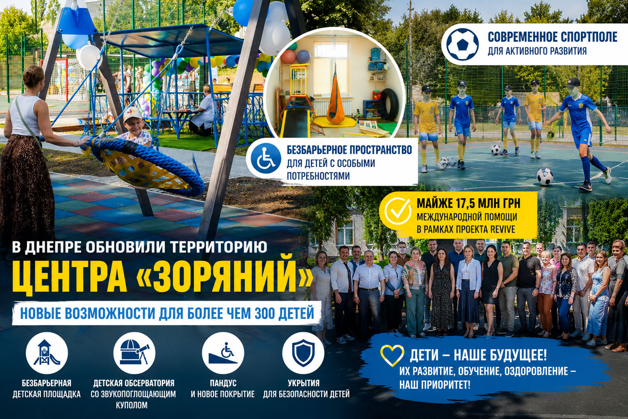 В Днепре обновили территорию центра «Зоряний»: для детей создали безбарьерную площадку, спортполе и необычную обсерваторию В Днепре обновили территорию центра «Зоряний»: для детей создали безбарьерную площадку, спортполе и необычную обсерваторию