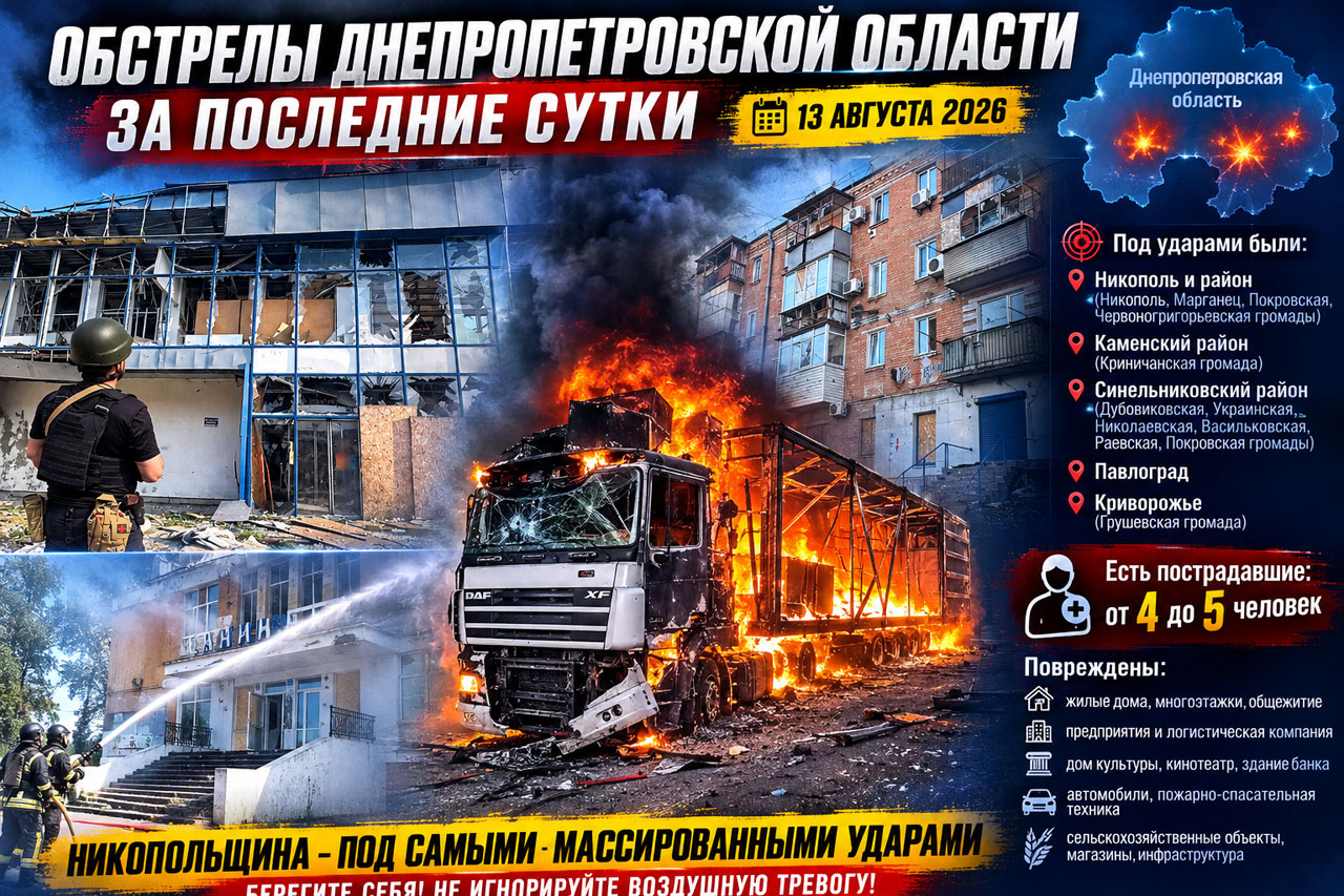 Обстрелы Днепропетровской области за сутки: хронология атак, последствия и ситуация на 13 августа 2026 года Обстрелы Днепропетровской области за сутки: хронология атак, последствия и ситуация на 13 августа 2026 года