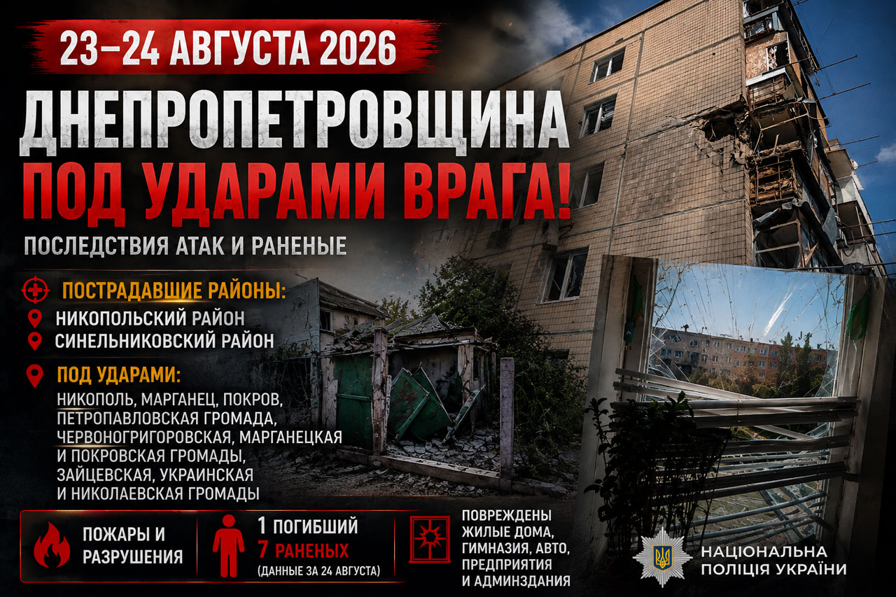 Обстрелы Днепропетровской области 23–24 августа 2026 года: точная хронология атак, погибший и раненые Обстрелы Днепропетровской области 23–24 августа 2026 года: точная хронология атак, погибший и раненые