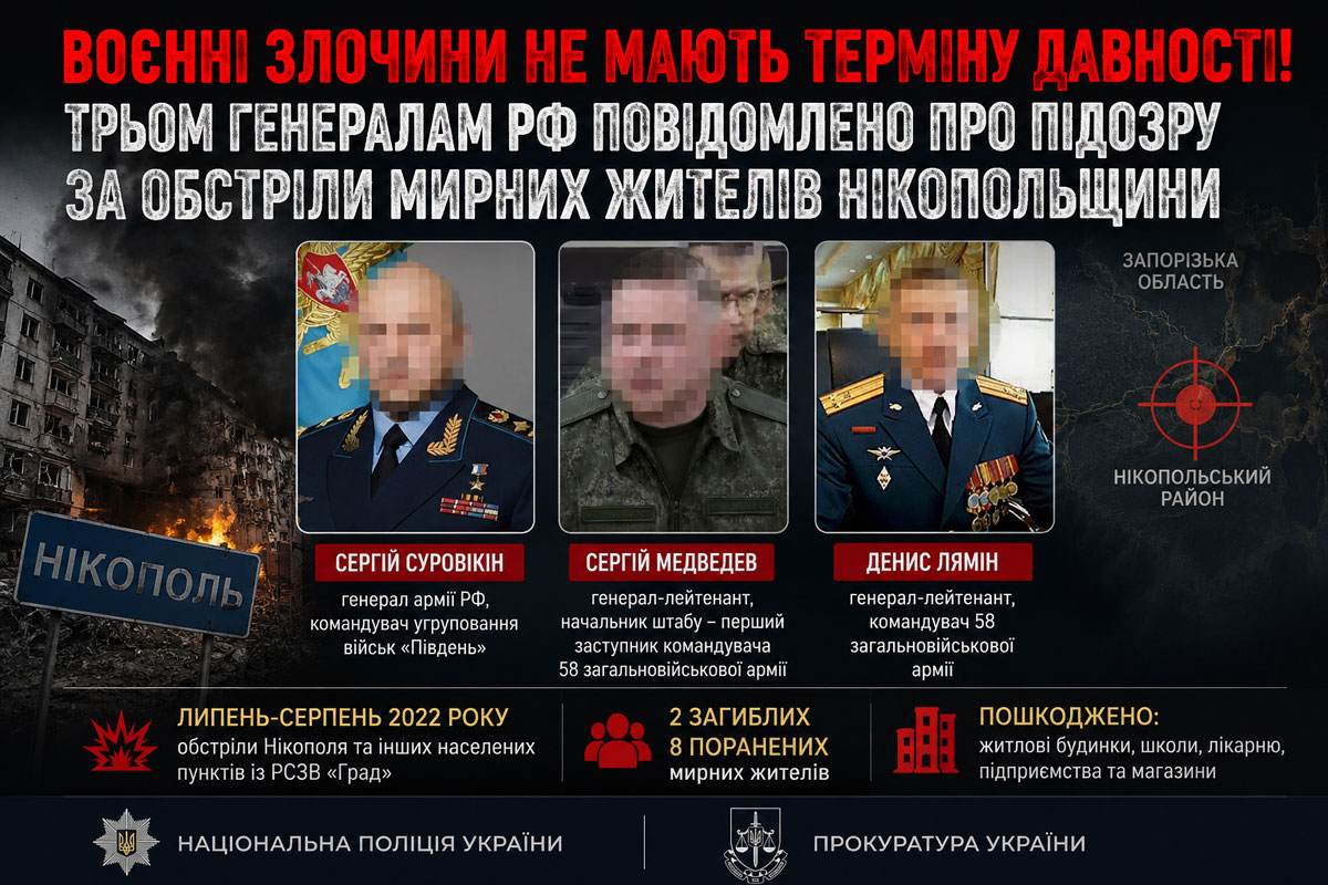 Трем российским генералам объявили новое подозрение за обстрелы мирных жителей Никопольского района Трем российским генералам объявили новое подозрение за обстрелы мирных жителей Никопольского района