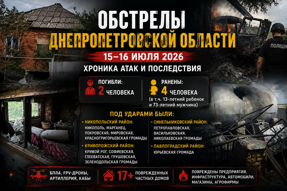 Обстрелы Днепропетровской области за сутки: полная хронология событий 15–16 июля 2026 года. Двое погибших, раненые, десятки разрушенных домов и новые ночные атаки Обстрелы Днепропетровской области за сутки: полная хронология событий 15–16 июля 2026 года. Двое погибших, раненые, десятки разрушенных домов и новые ночные атаки