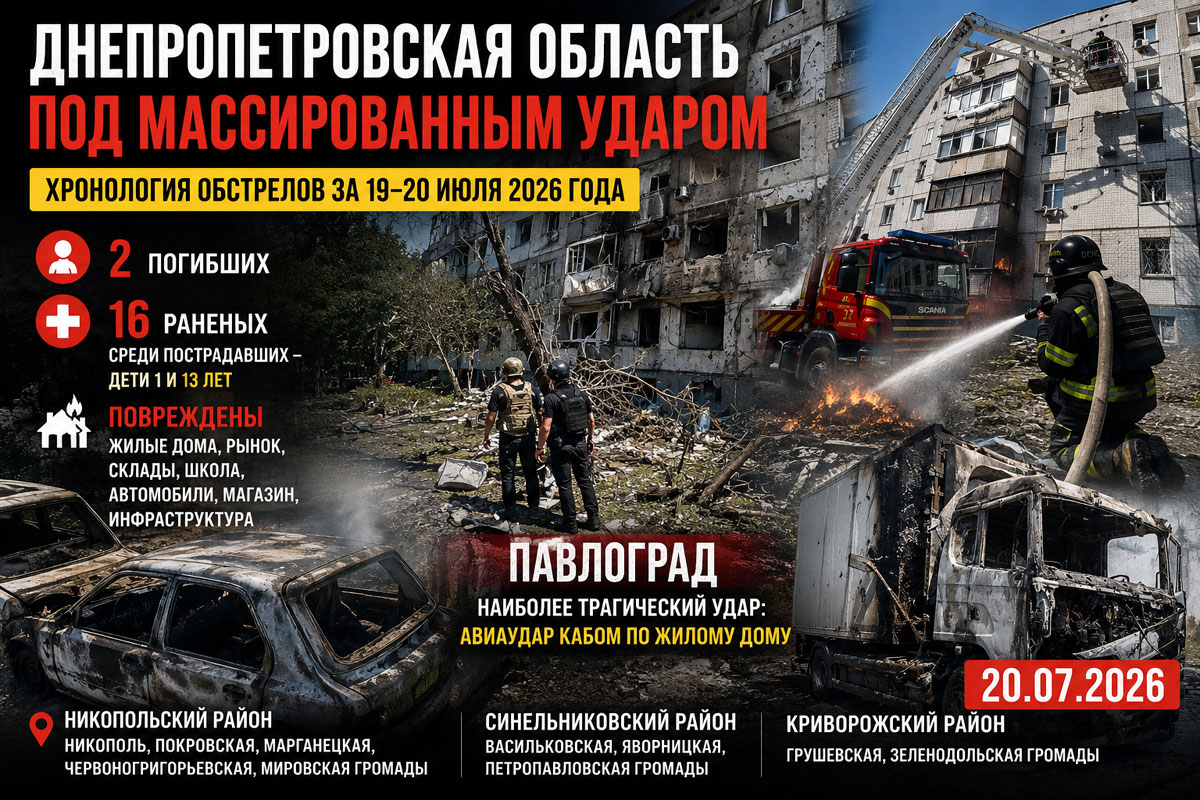 Обстрелы Днепропетровской области за сутки: полная хронология событий 19–20 июля 2026 года. Павлоград пережил один из самых тяжелых ударов Обстрелы Днепропетровской области за сутки: полная хронология событий 19–20 июля 2026 года. Павлоград пережил один из самых тяжелых ударов