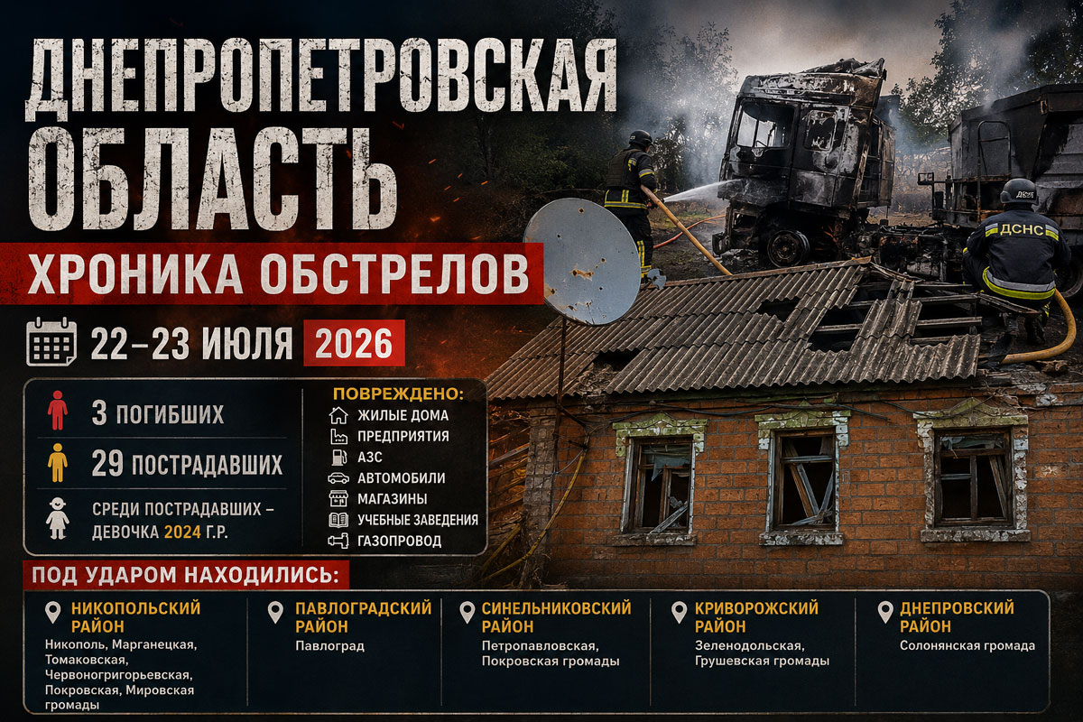 Хронология обстрелов Днепропетровской области за 22–23 июля 2026 года: массированные атаки, десятки пострадавших и трагедия в Павлограде Хронология обстрелов Днепропетровской области за 22–23 июля 2026 года: массированные атаки, десятки пострадавших и трагедия в Павлограде