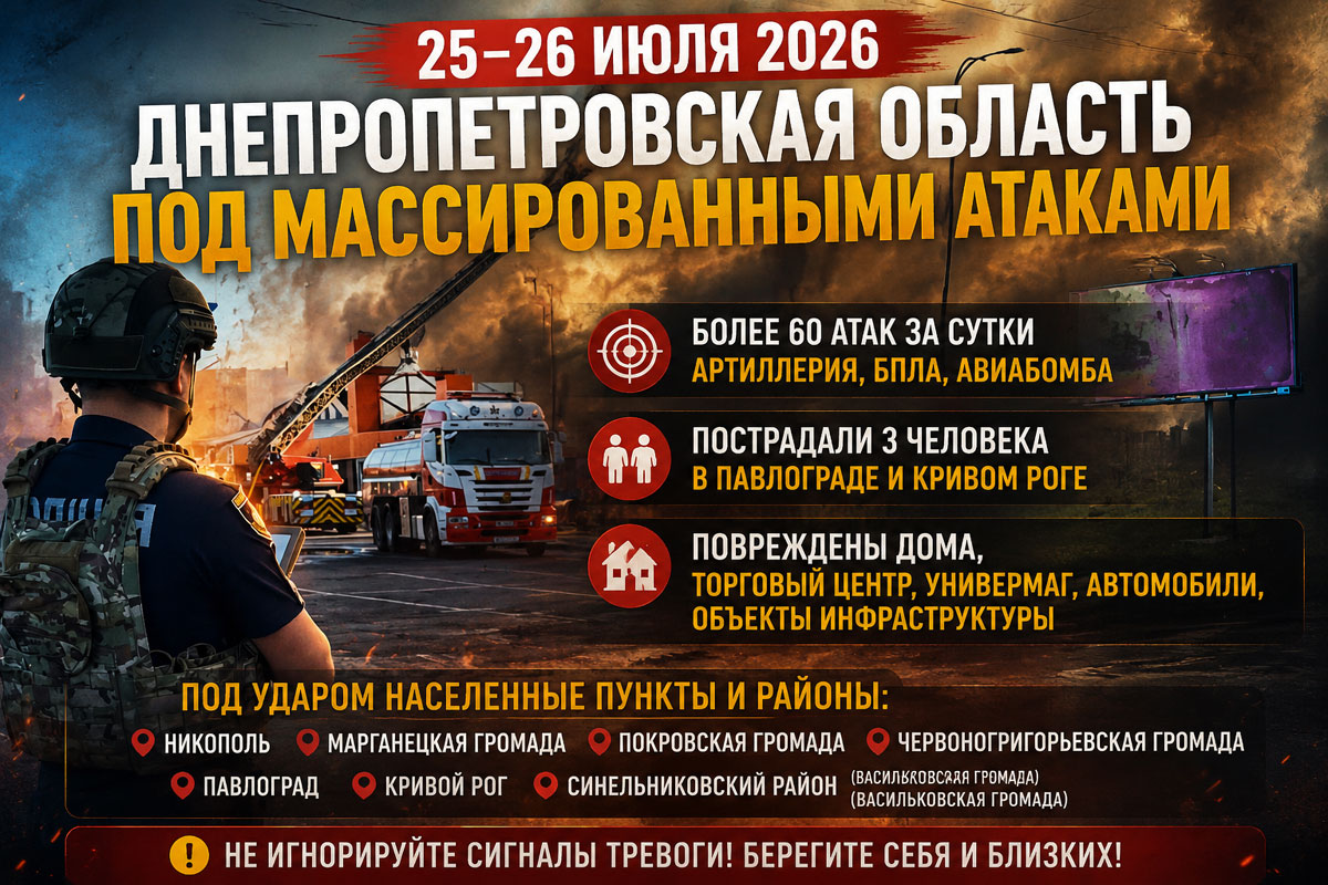 Хронология обстрелов Днепропетровской области за 25–26 июля 2026 года: более 60 атак, удары по трем районам, раненые и разрушения Хронология обстрелов Днепропетровской области за 25–26 июля 2026 года: более 60 атак, удары по трем районам, раненые и разрушения