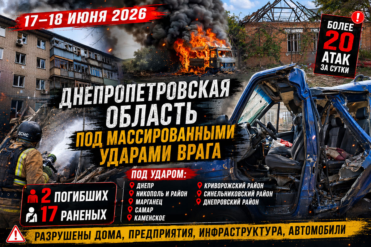 Хроника обстрелов Днепропетровской области за 17–18 июня 2026 года: более 20 атак, погибшие, десятки раненых и масштабные разрушения Хроника обстрелов Днепропетровской области за 17–18 июня 2026 года: более 20 атак, погибшие, десятки раненых и масштабные разрушения