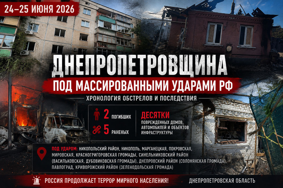 Хронология обстрелов Днепропетровской области за 24–25 июня 2026 года: последствия российских атак, погибшие, раненые и масштаб разрушений Хронология обстрелов Днепропетровской области за 24–25 июня 2026 года: последствия российских атак, погибшие, раненые и масштаб разрушений