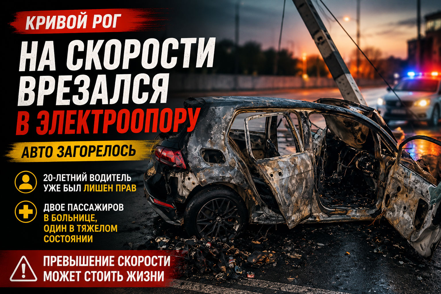 В Кривом Роге 20-летнему водителю сообщили о подозрении после тяжелого ДТП: автомобиль врезался в электроопору и загорелся В Кривом Роге 20-летнему водителю сообщили о подозрении после тяжелого ДТП: автомобиль врезался в электроопору и загорелся