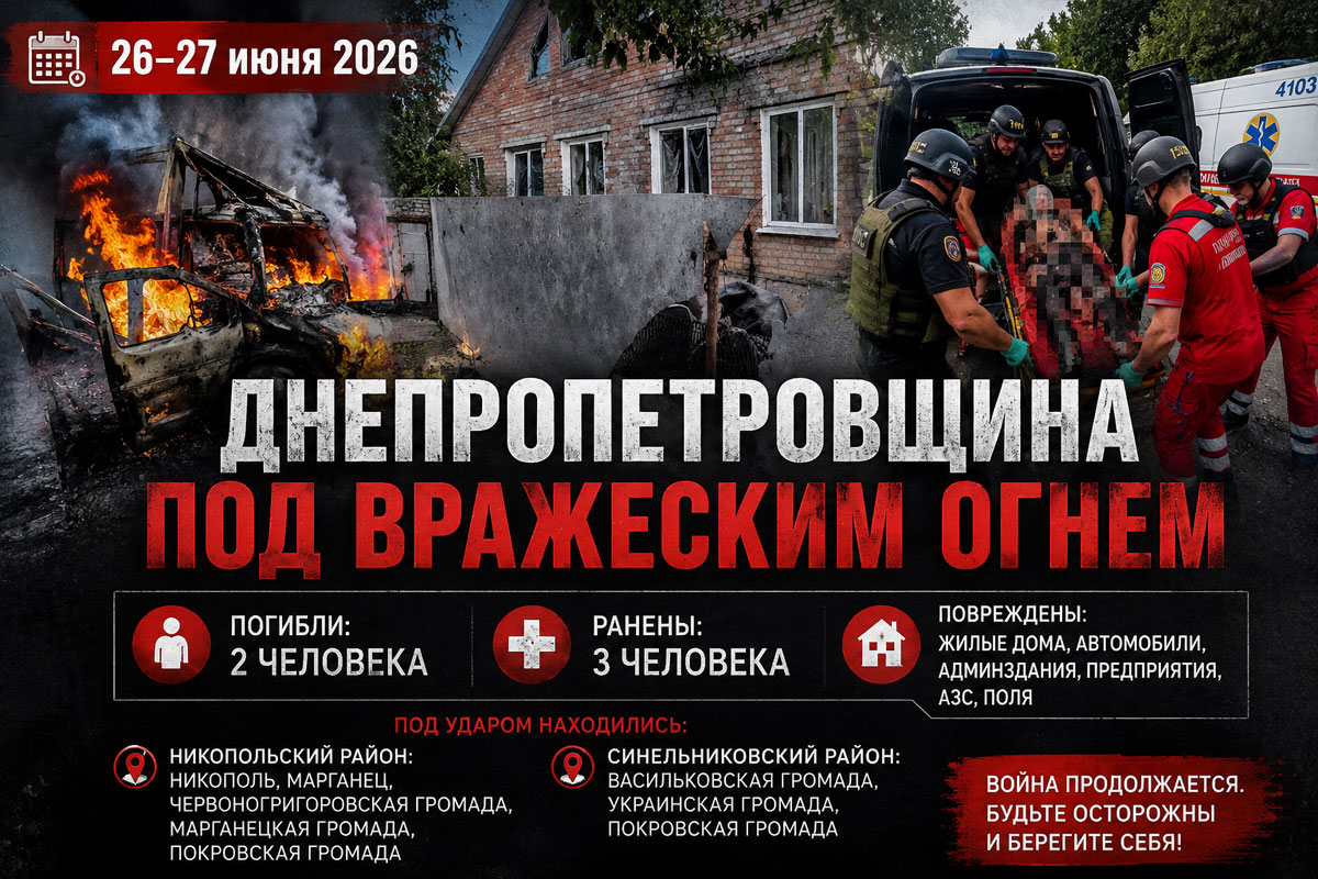 Хронология обстрелов Днепропетровской области за 26–27 июня 2026 года: десятки атак, погибшие, раненые и новые разрушения Хронология обстрелов Днепропетровской области за 26–27 июня 2026 года: десятки атак, погибшие, раненые и новые разрушения