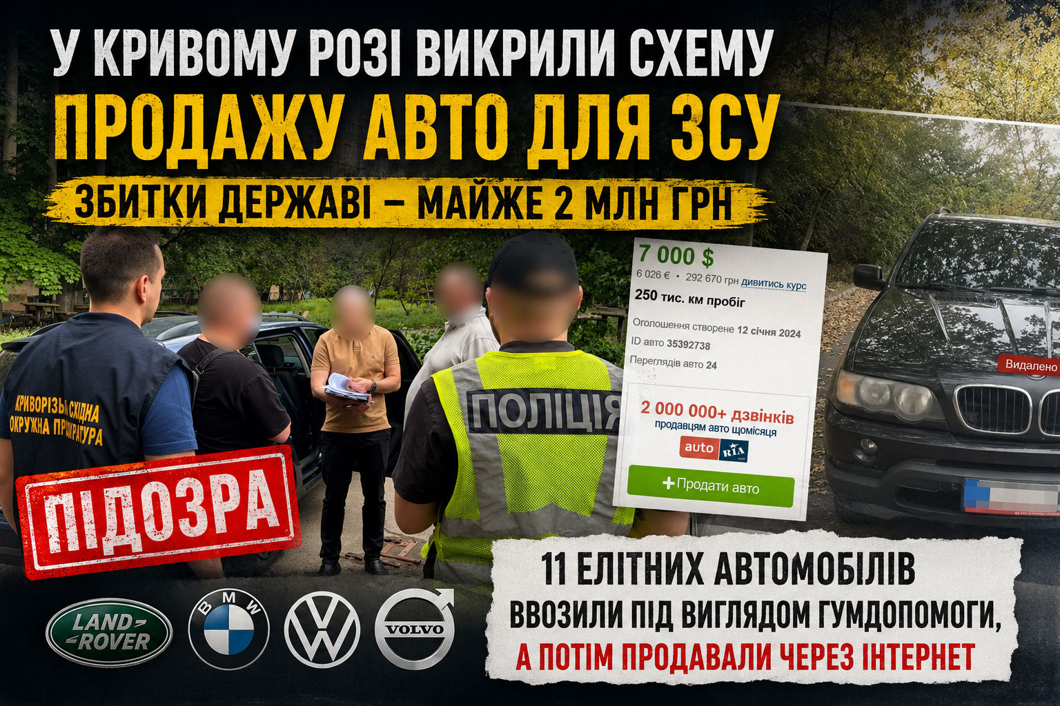 В Кривом Роге разоблачили схему продажи элитных авто, ввезённых якобы для ВСУ: ущерб государству — почти 2 млн грн В Кривом Роге разоблачили схему продажи элитных авто, ввезённых якобы для ВСУ: ущерб государству — почти 2 млн грн