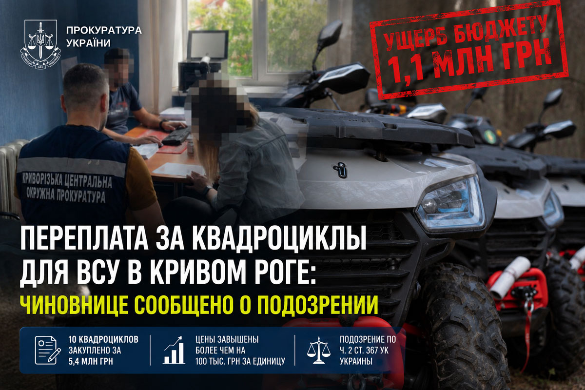 В Кривом Роге расследуют переплату за квадроциклы для ВСУ: ущерб превысил 1,1 млн гривен В Кривом Роге расследуют переплату за квадроциклы для ВСУ: ущерб превысил 1,1 млн гривен