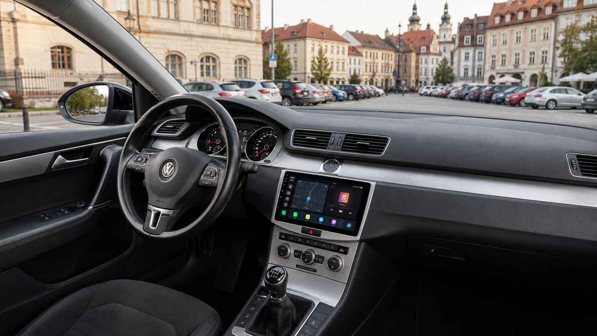 Салон VW Passat з 9-дюймовим мультимедійним екраном у центральній консолі та видом на парковку в історичній частині міста Салон VW Passat з 9-дюймовим мультимедійним екраном у центральній консолі та видом на парковку в історичній частині міста