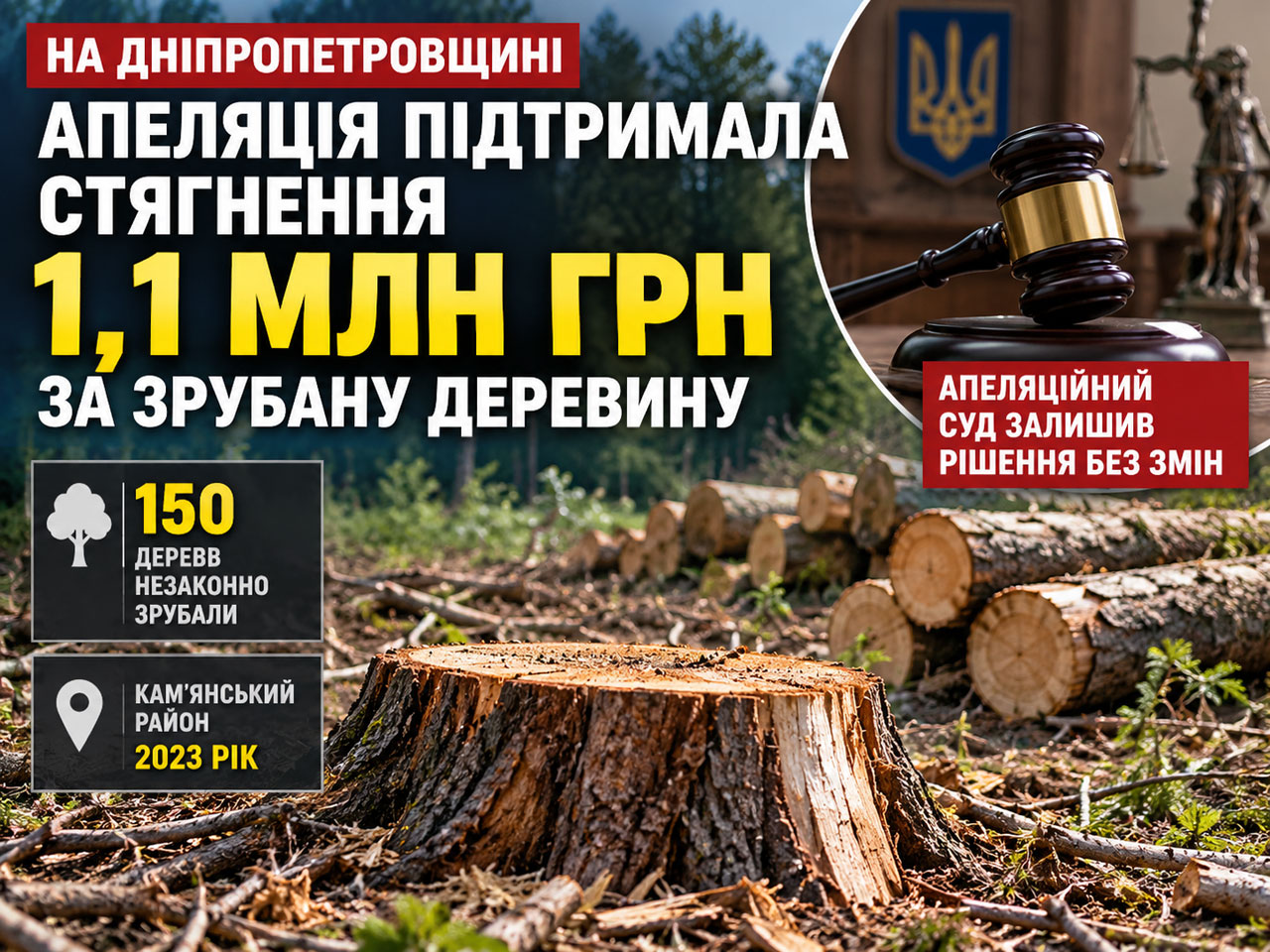 На Днепропетровщине с сельсовета взыщут почти 1,1 млн гривен за незаконную вырубку 150 деревьев На Днепропетровщине с сельсовета взыщут почти 1,1 млн гривен за незаконную вырубку 150 деревьев