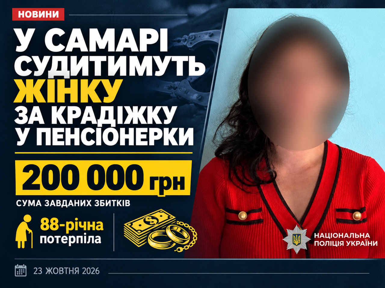 В Самаре 34-летнюю женщину будут судить за кражу почти на 200 тысяч гривен у 88-летней пенсионерки В Самаре 34-летнюю женщину будут судить за кражу почти на 200 тысяч гривен у 88-летней пенсионерки