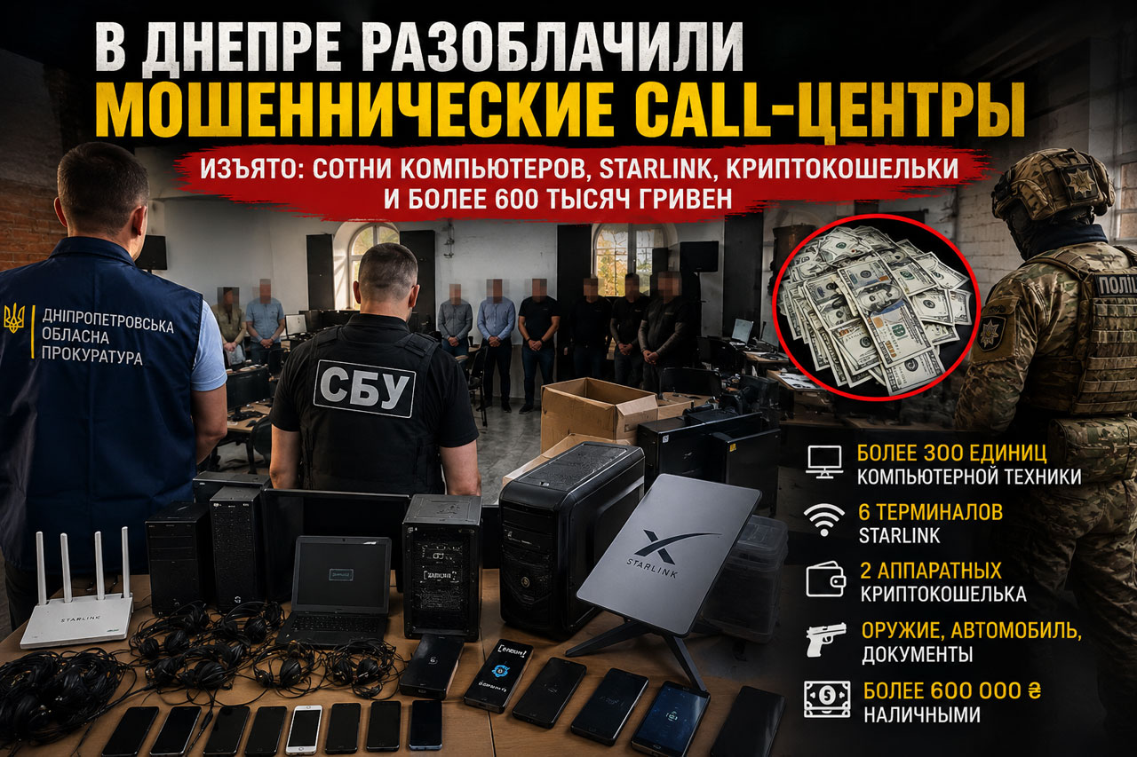 В Днепре разоблачили сеть мошеннических call-центров: изъяты сотни компьютеров, Starlink, криптокошельки и более 600 тысяч гривен В Днепре разоблачили сеть мошеннических call-центров: изъяты сотни компьютеров, Starlink, криптокошельки и более 600 тысяч гривен