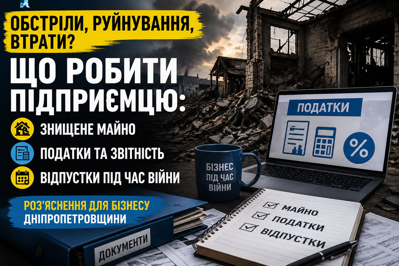Предпринимателям Днепропетровщины объяснили, как действовать после обстрелов: налоги, уничтоженное имущество и отпуска во время войны Предпринимателям Днепропетровщины объяснили, как действовать после обстрелов: налоги, уничтоженное имущество и отпуска во время войны