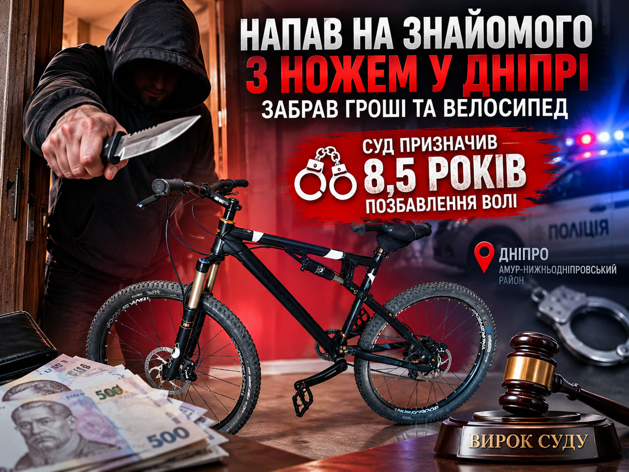 В Днепре мужчина ворвался в квартиру знакомого с ножом и забрал деньги и велосипед: суд назначил 8,5 лет тюрьмы В Днепре мужчина ворвался в квартиру знакомого с ножом и забрал деньги и велосипед: суд назначил 8,5 лет тюрьмы