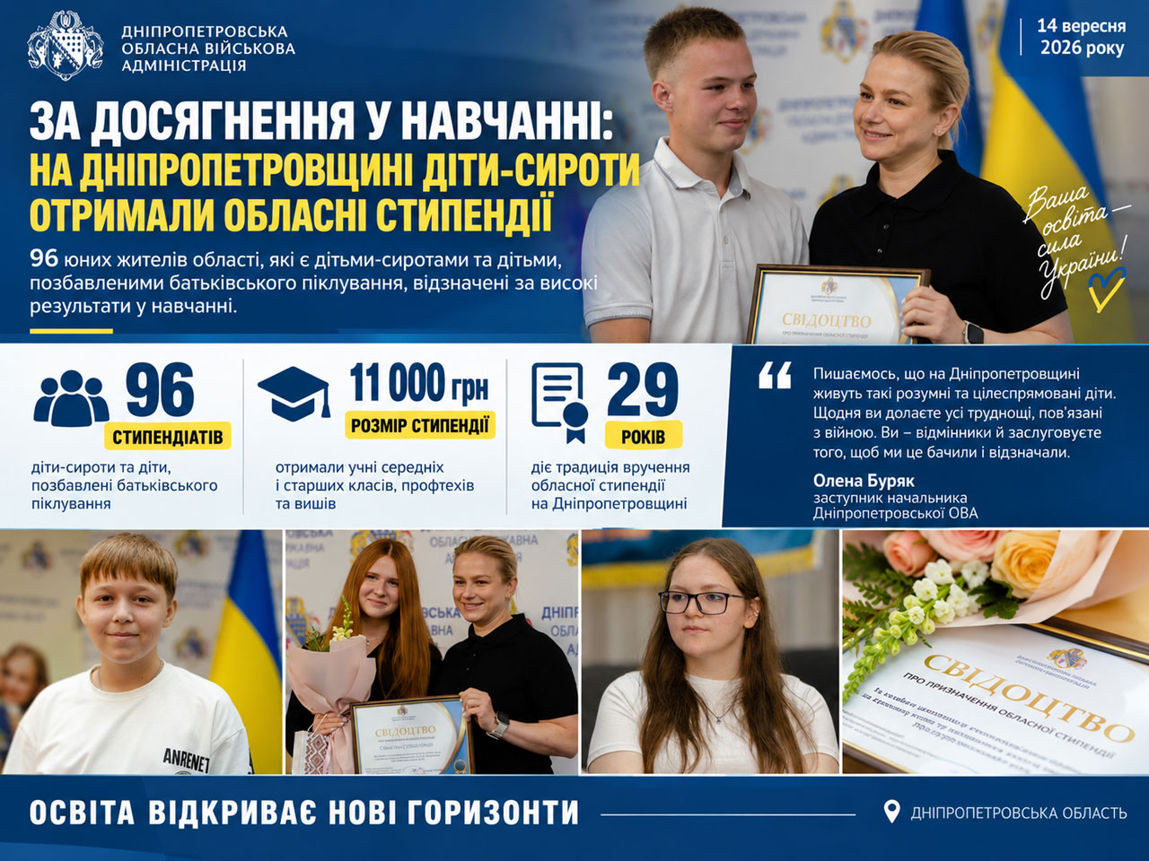 Стипендии за знания: 96 детей-сирот и детей, лишённых родительской опеки, получили награды на Днепропетровщине Стипендии за знания: 96 детей-сирот и детей, лишённых родительской опеки, получили награды на Днепропетровщине