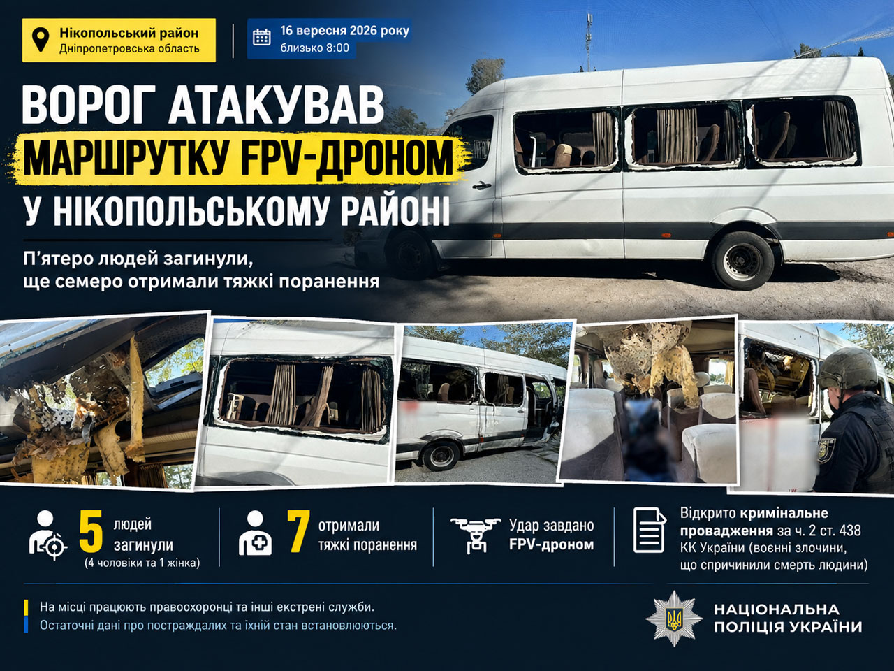 Удар FPV-дроном по маршрутке в Никопольском районе: погибли пять человек, семеро получили тяжёлые ранения Удар FPV-дроном по маршрутке в Никопольском районе: погибли пять человек, семеро получили тяжёлые ранения