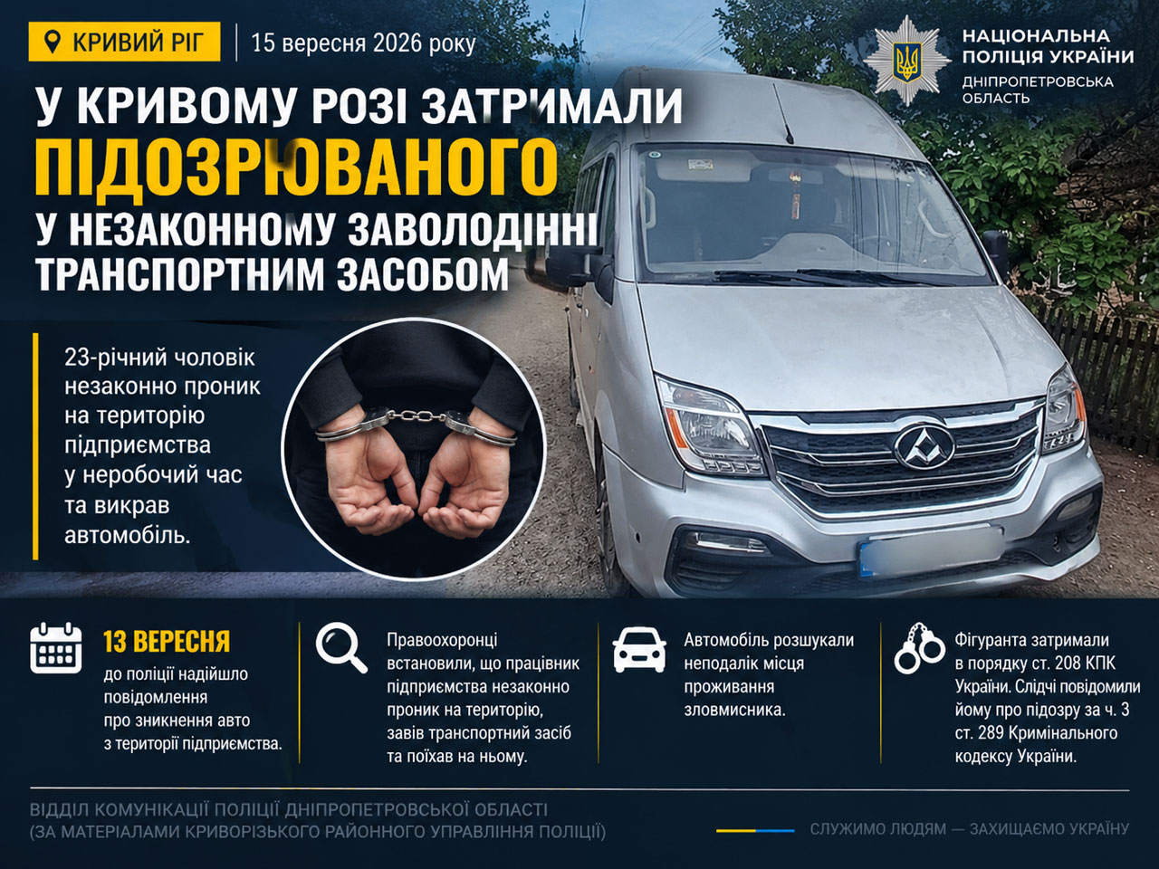 В Кривом Роге работник предприятия угнал автомобиль в нерабочее время — полиция задержала подозреваемого В Кривом Роге работник предприятия угнал автомобиль в нерабочее время — полиция задержала подозреваемого