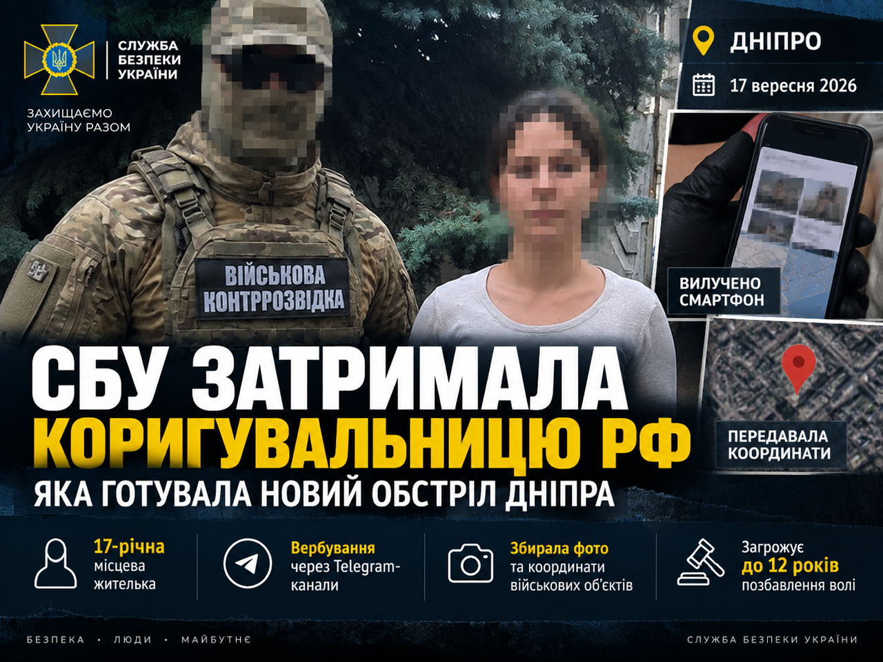 СБУ задержала в Днепре 17-летнюю подозреваемую в подготовке новых ударов РФ СБУ задержала в Днепре 17-летнюю подозреваемую в подготовке новых ударов РФ