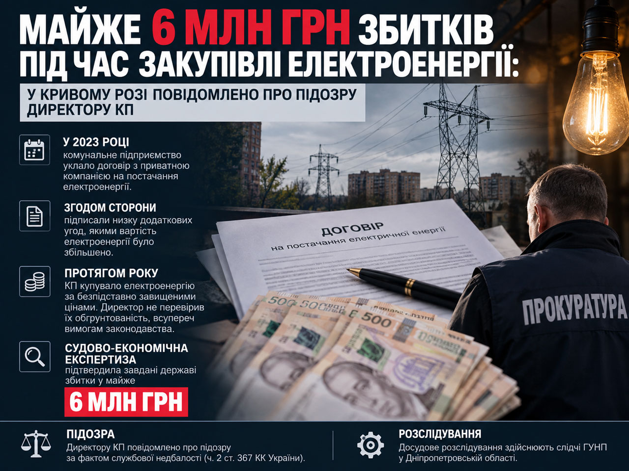 В Кривом Роге расследуют закупку электроэнергии с ущербом почти 6 млн грн: директору коммунального предприятия сообщили о подозрении В Кривом Роге расследуют закупку электроэнергии с ущербом почти 6 млн грн: директору коммунального предприятия сообщили о подозрении