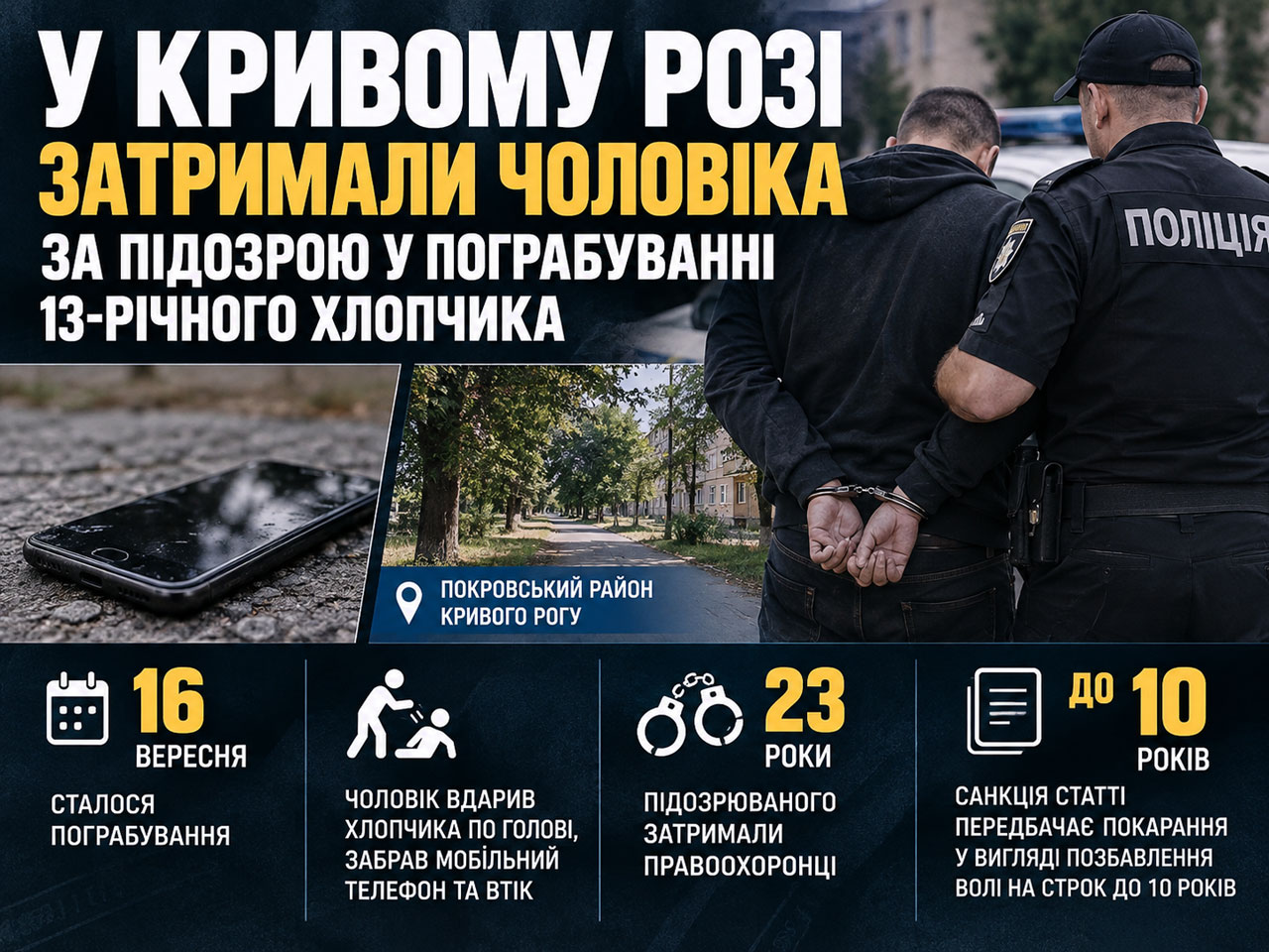 В Кривом Роге задержали мужчину, подозреваемого в ограблении 13-летнего мальчика В Кривом Роге задержали мужчину, подозреваемого в ограблении 13-летнего мальчика