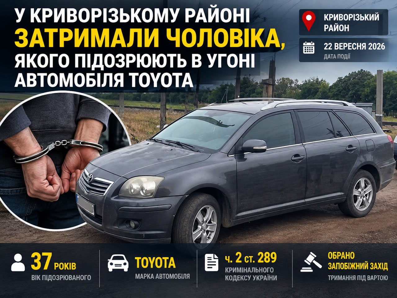 В Криворожском районе мужчина взял ключи от чужой Toyota и уехал на автомобиле В Криворожском районе мужчина взял ключи от чужой Toyota и уехал на автомобиле