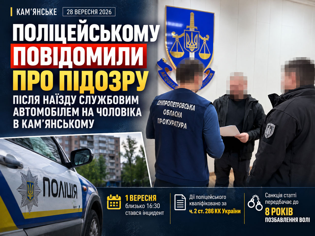В Каменском полицейскому сообщили о подозрении после наезда служебным автомобилем на мужчину В Каменском полицейскому сообщили о подозрении после наезда служебным автомобилем на мужчину