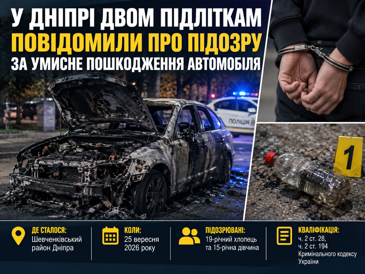 В Днепре двум подросткам сообщили о подозрении в поджоге автомобиля В Днепре двум подросткам сообщили о подозрении в поджоге автомобиля